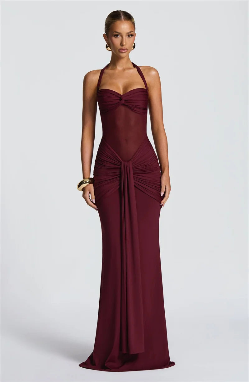 Women's Halter Backless Maxi Dress – Off-Shoulder, Sleeveless, Ruched Bodycon Club & Party Dress with Patchwork Draped Design