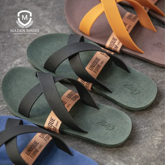 Maden 2025 Men's Summer Latex Slippers – Black Waterproof Rubber Sandals, Comfortable Cross Flip-Flops for Indoor & Outdoor Beach Use