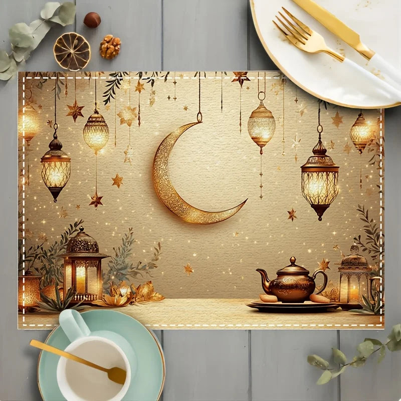 1PC Ramadan Lantern Moon Stars Placemats, Rectangular Linen Table Mats, Heat Resistant Dining Table Protectors, Restaurant Decor