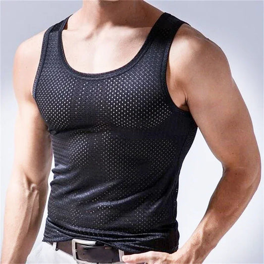 New Mens Summer Ice Silk Vest Outer Wear Quick-Drying Mesh Hole Breathable Sleeveless T-Shirts Cool Vest Beach Travel Tanks Tops