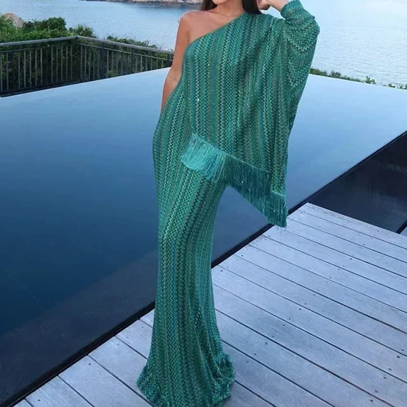 2025 Vintage Glam Off-Shoulder Maxi Dress for Women – Elegant Striped Tassel Design with Matching Scarf, Long Sleeve Evening Party Gown