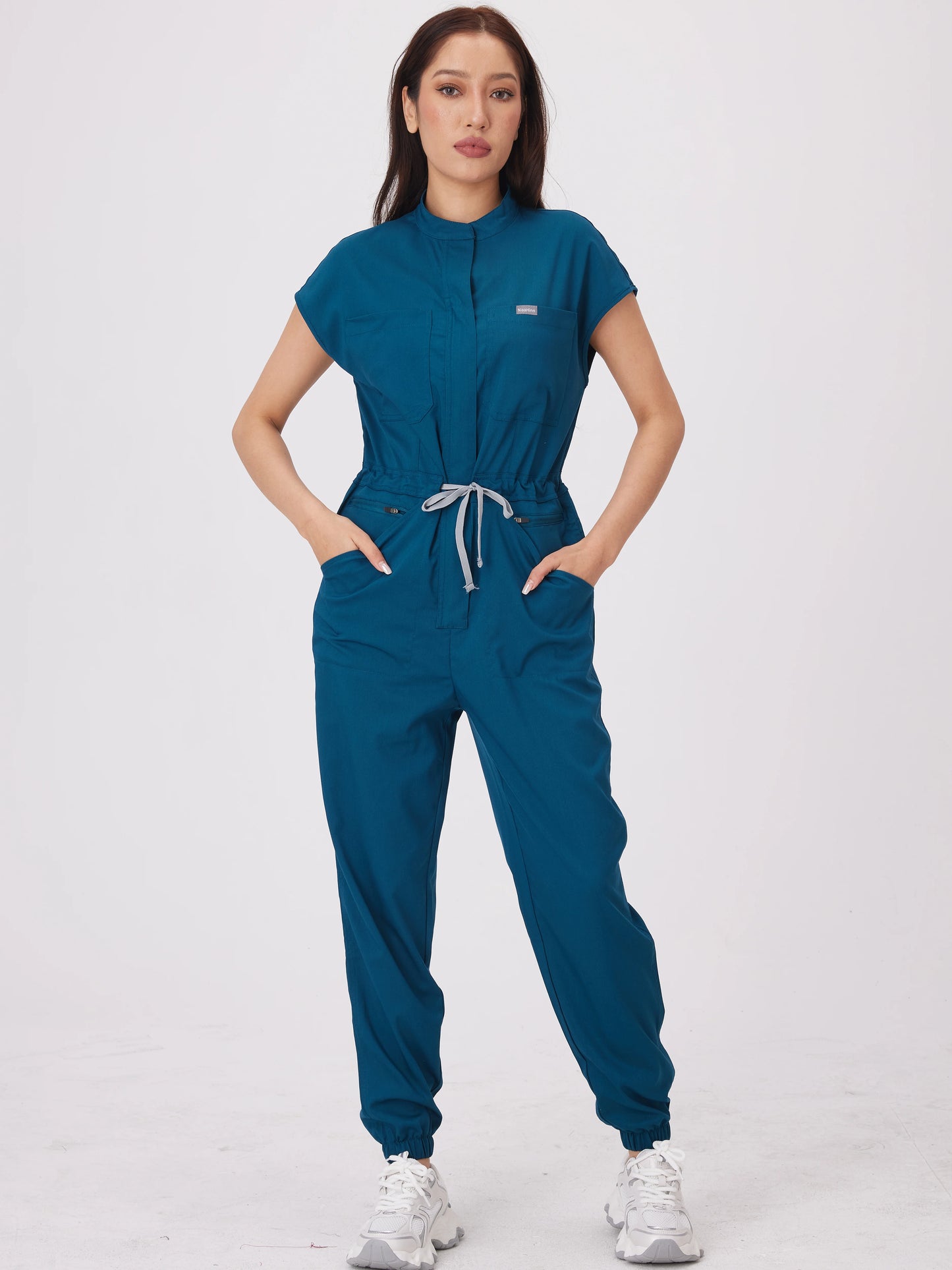 Women's Short Sleeve Medical Scrub Jumpsuit – Hospital Uniform with Pockets