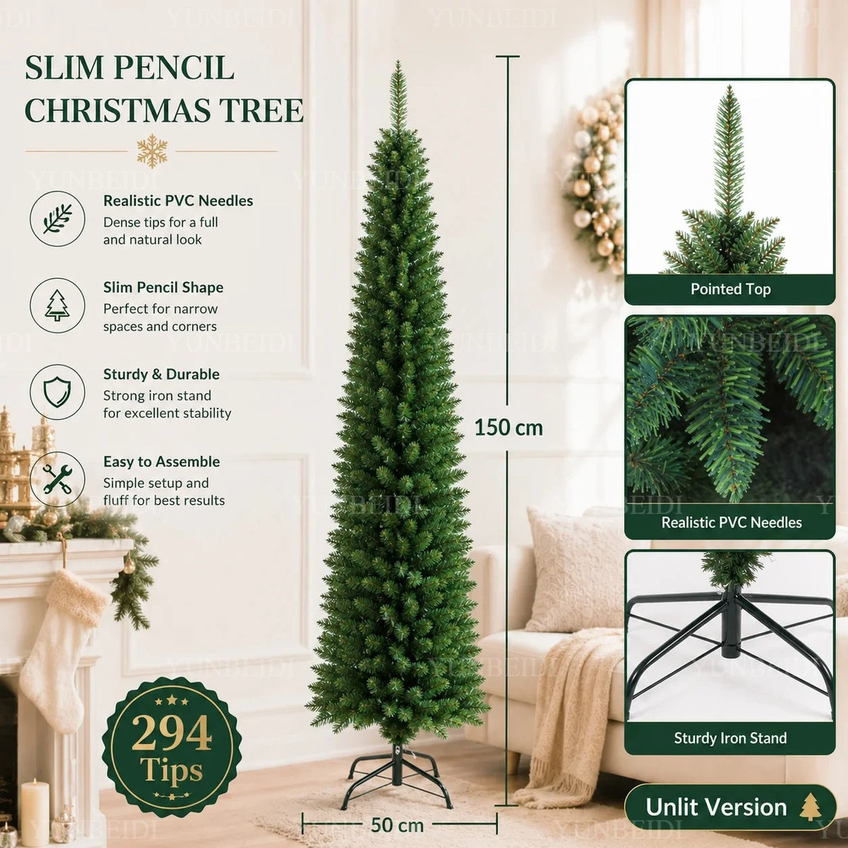 Slim Pencil Artificial Christmas Tree with Metal Stand, 120–210 cm Green PVC Tree with Optional Warm White USB Lights