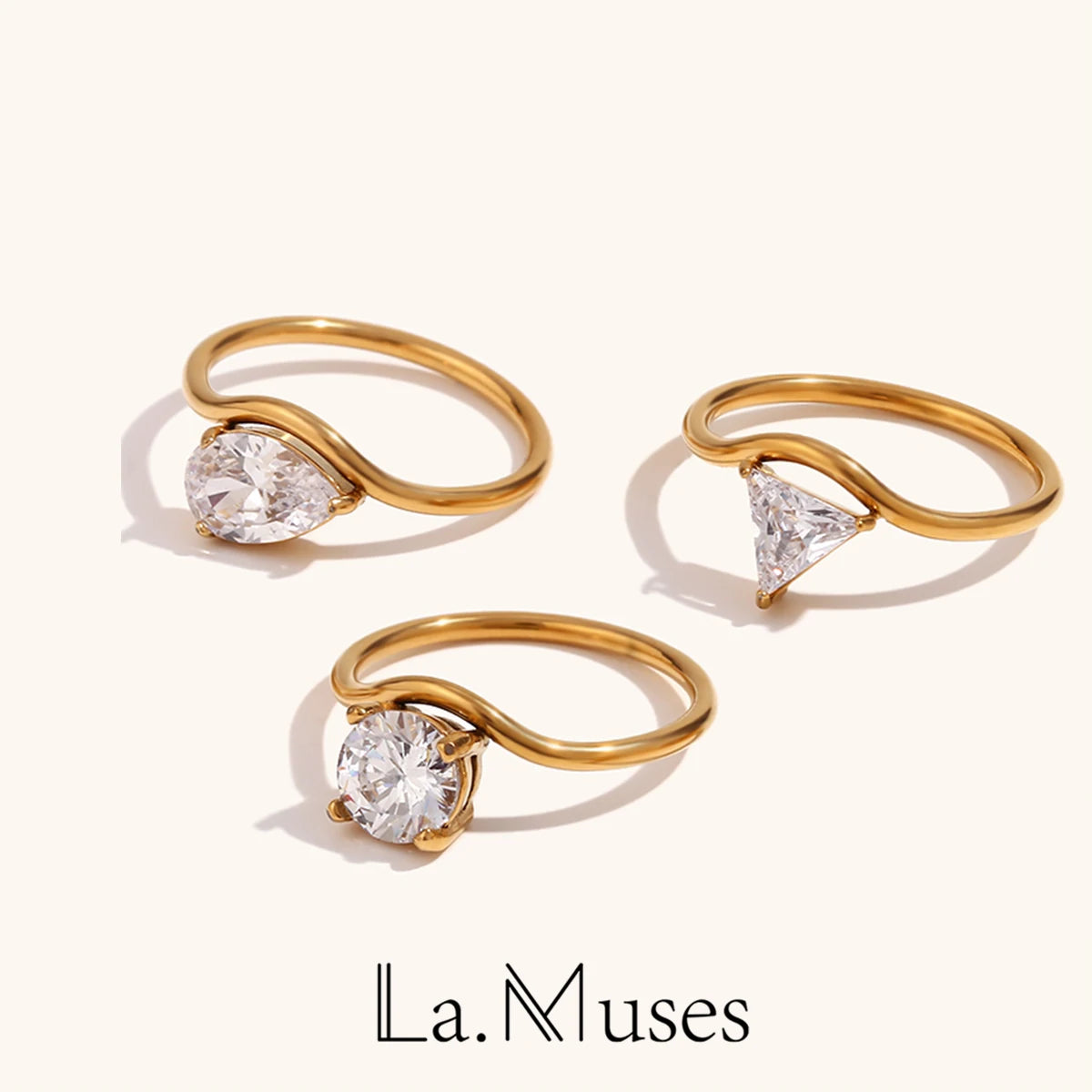 Luxury Water Drop Cubic Zirconia Stainless Steel Ring – 18K Gold Plated