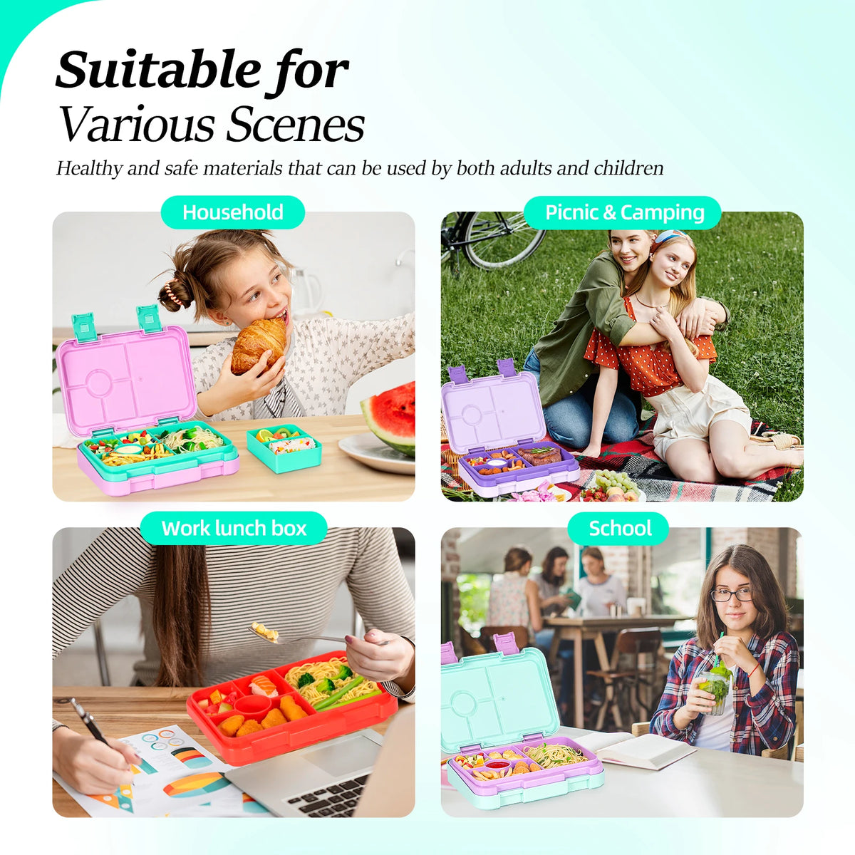 Cartoon Printed Microwavable Bento Lunch Box with 5 Compartments