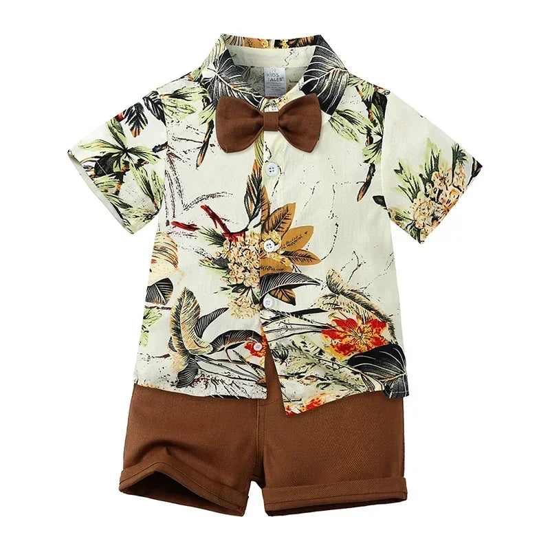 Baby Boys Floral Shirt & Shorts Set with Bowtie, Summer Gentleman Outfit for Infants and Kids