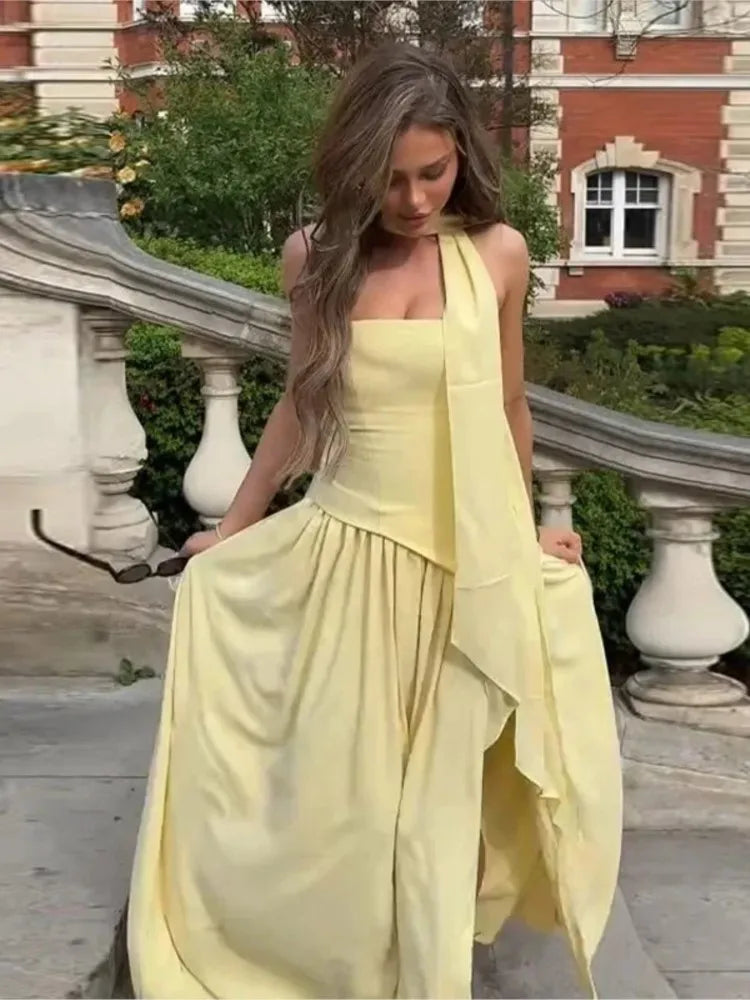 Elegant Pleated Long Dress for Women – Off-Shoulder, Scarf Neck, High Slit | Party & Evening Gown