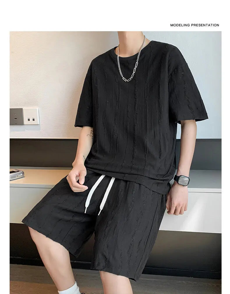 Plus Size 8XL Summer Men's Casual Tracksuit Set – Solid Color Short Sleeve T-Shirt + Shorts – 2-Piece Sportswear