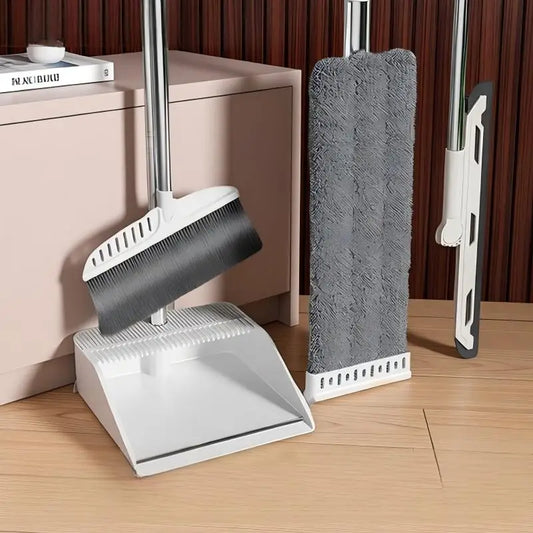 4-Piece Household Floor Cleaning Set with Broom, Dustpan, Flat Mop and Water Squeegee