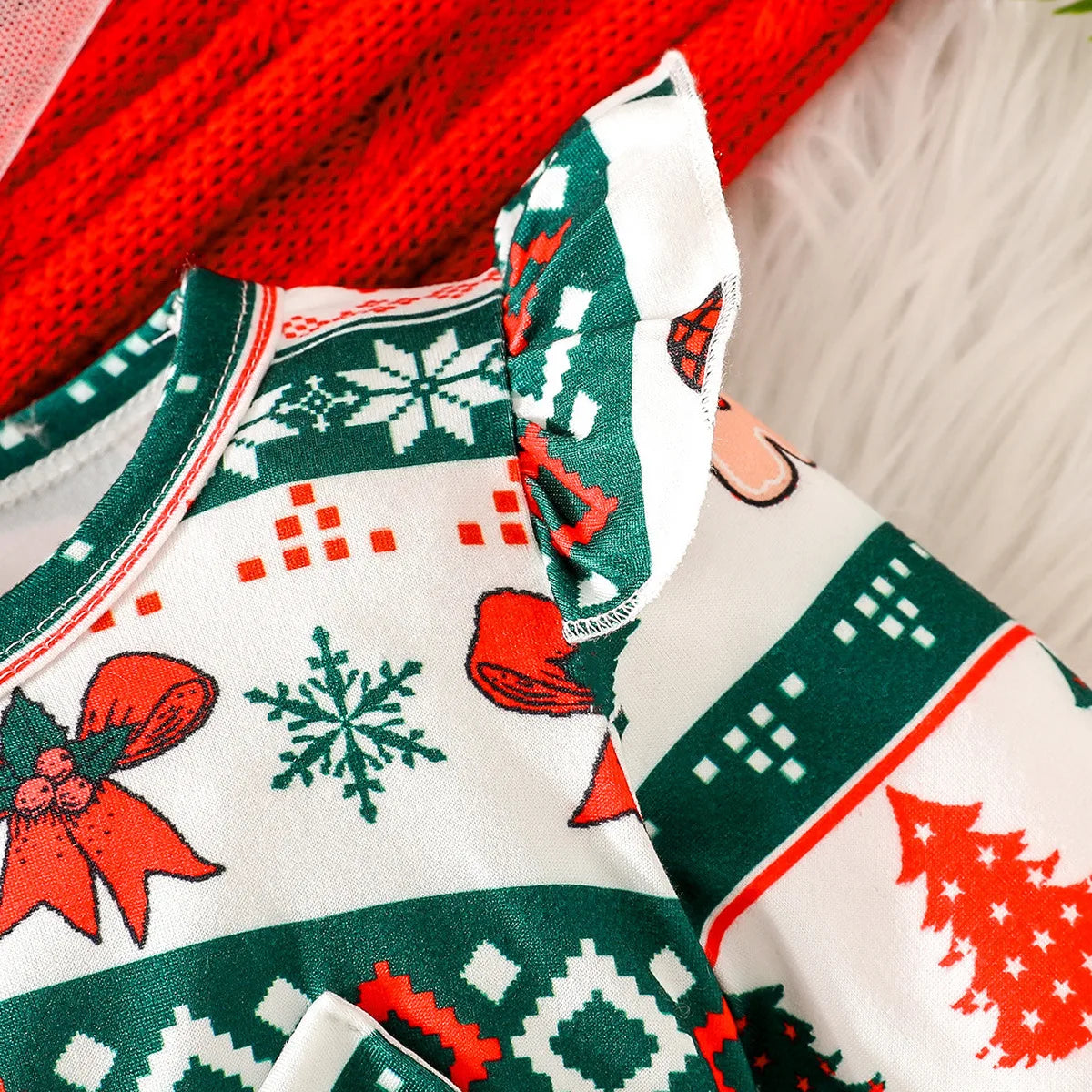 Baby Girl New Year Dress – Green Christmas Tree Print Outfit, “My First New Year” Costume for Newborns & Toddlers