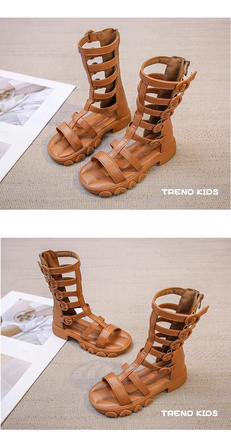 Girls' High-Top Roman Sandals – Soft Sole Summer Shoes for Children | Cut-Out Design, Buckle & Zipper | Princess Beach Sandals