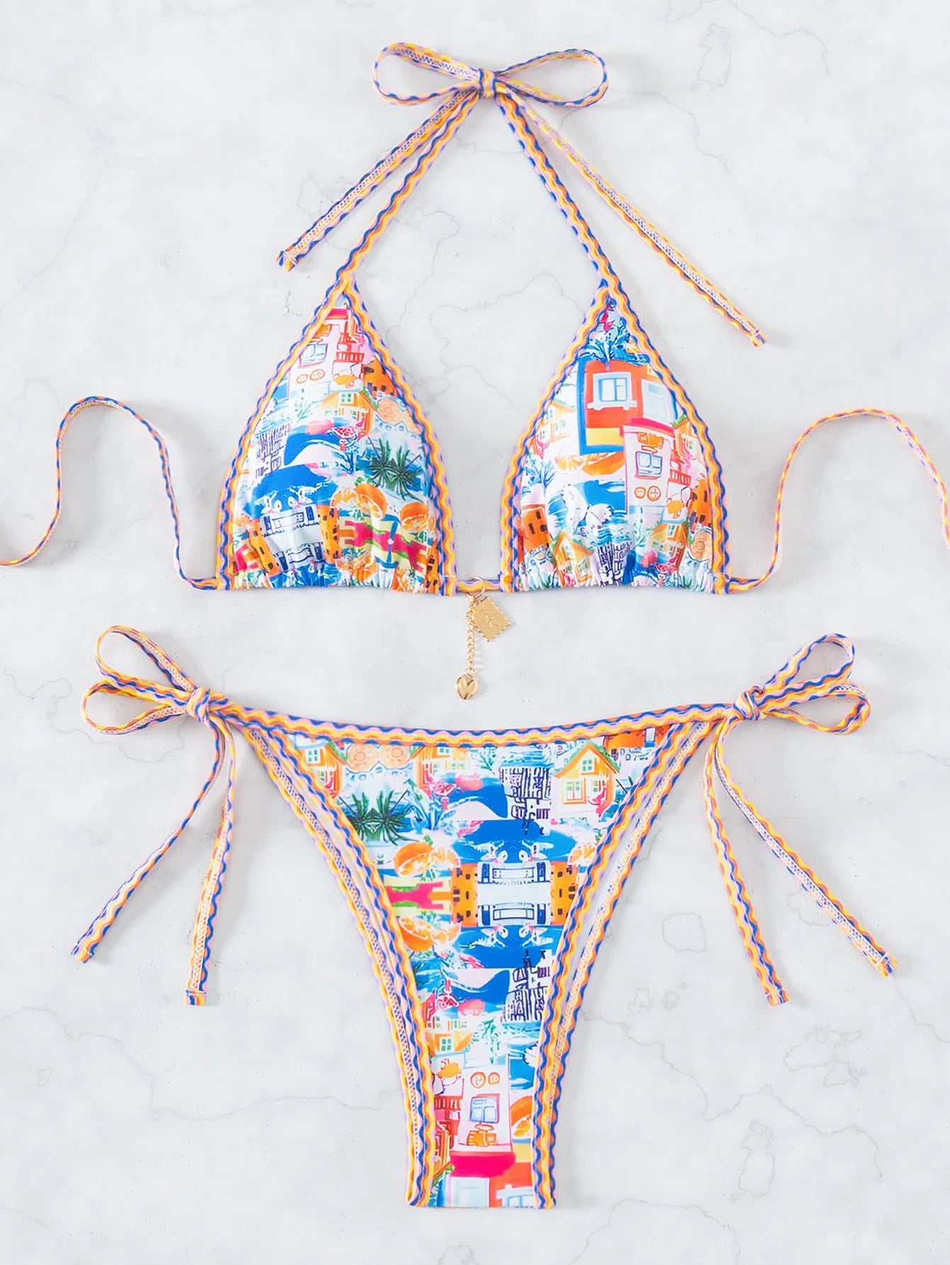 Women’s Blue Floral Print 2-Piece Bikini Set – Push-Up Bra and Thong Swimsuit for Beach and Swimwear