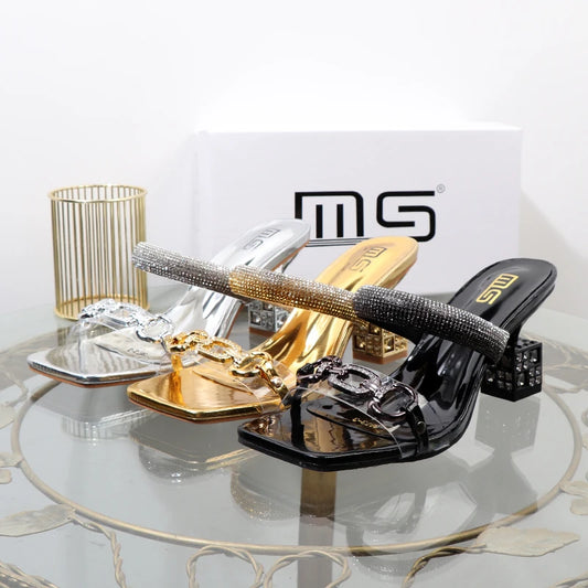 Women’s Transparent Strap Heeled Sandals – Chic Box-Style Square Alien Heel with Metal Accent | Summer Fashion Slippers
