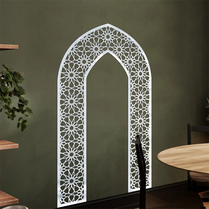 Islamic Arch Mirror Wall Sticker – Gold Acrylic 3D Mosque Frame Decal with Geometric Pattern for Ramadan & Eid Decor