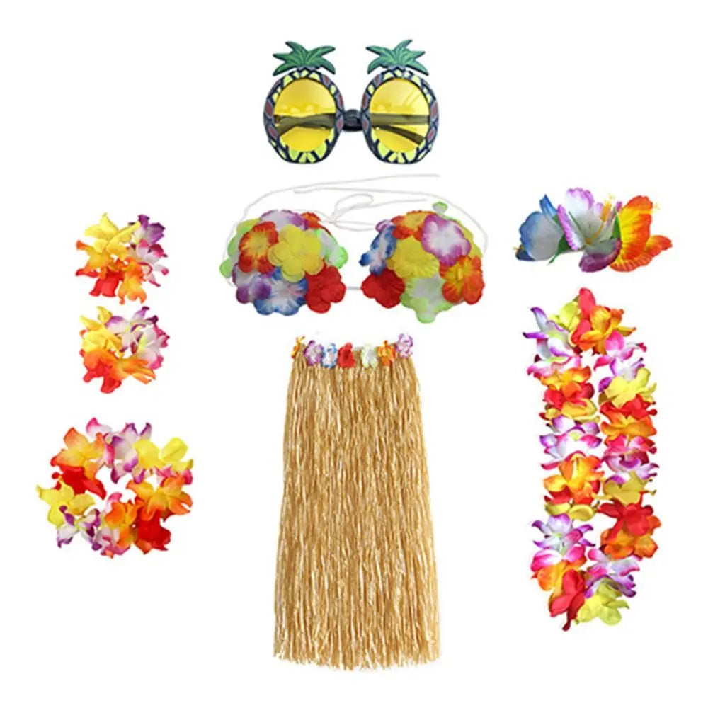 8-Piece Hawaiian Hula Costume Set – Grass Skirt, Flower Lei Necklace, Headband, Anklets & Bracelets for Parties and Dress-Up