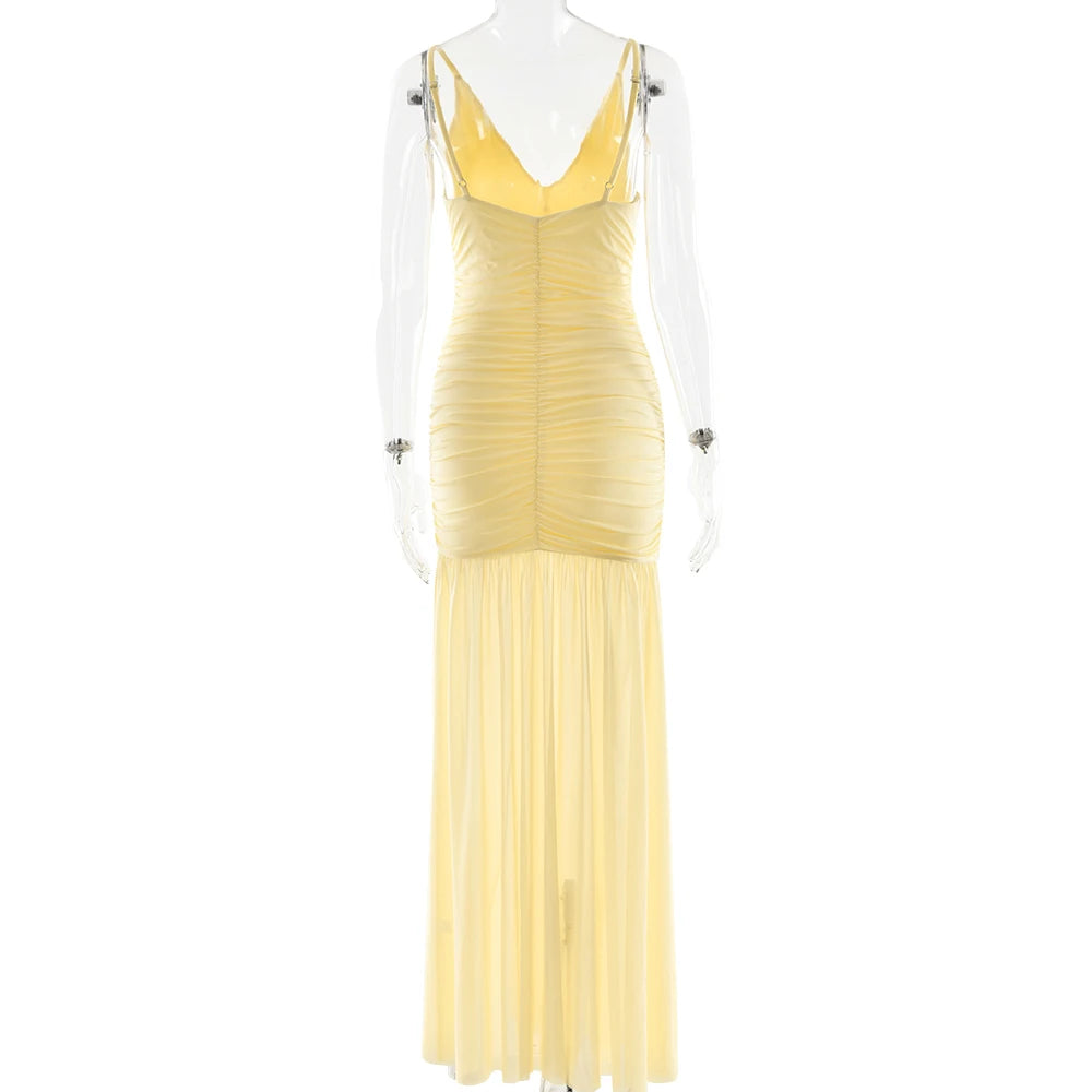 Women's Patchwork V-Neck Maxi Dress – Backless High-Waist Ruched Evening Gown