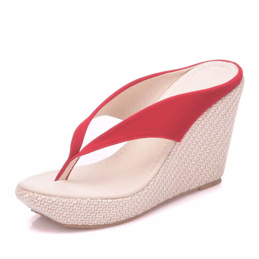 Women’s Platform Wedge Flip Flops – High Heel Beach Sandals, Boho Style, White & Pink