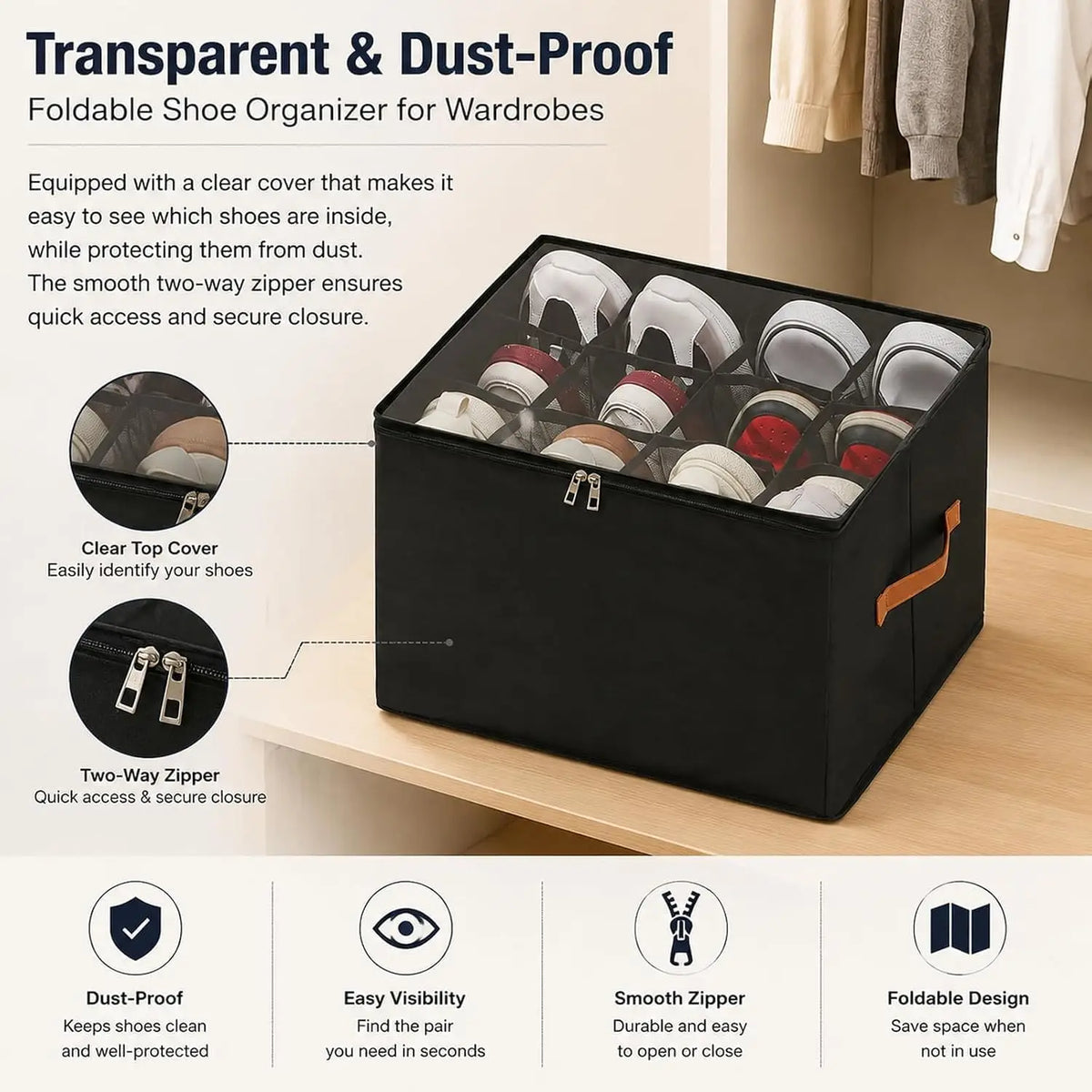 Foldable Shoe Storage Organizer with Clear Lid