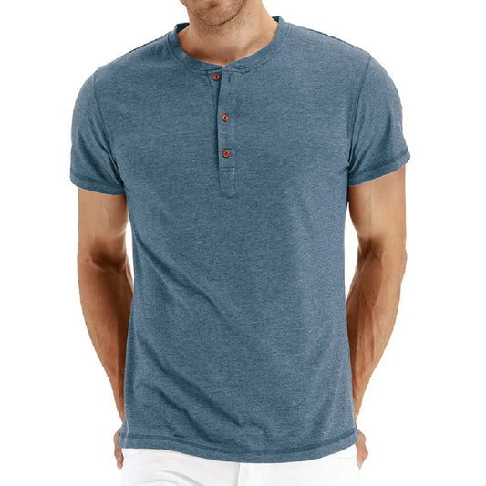 High Quality Cotton Henley T-Shirt for Men – Slim Fit, Short Sleeve, Solid Color, Fashion Casual Tee