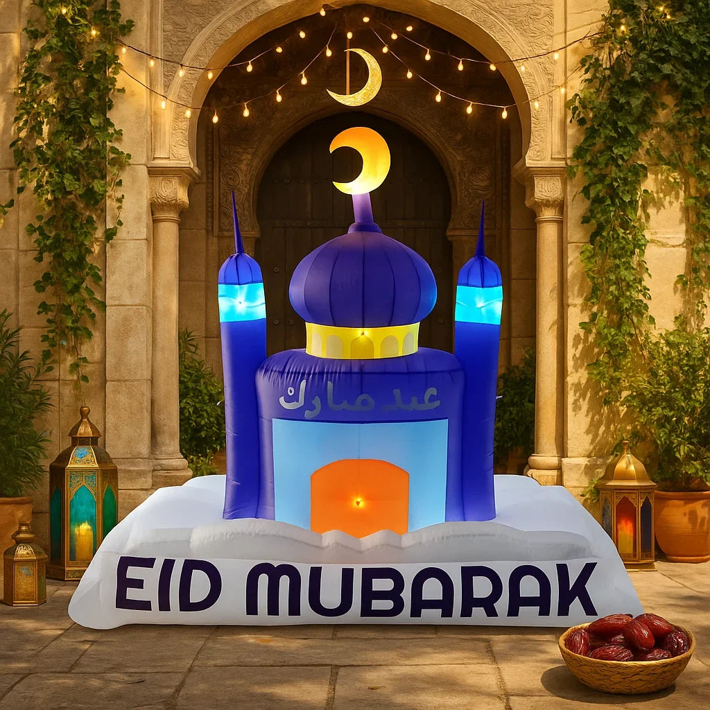 Islamic Ramadan & Eid Inflatable Mosque Decoration with LED Lights, 7FT Outdoor Yard Ornament