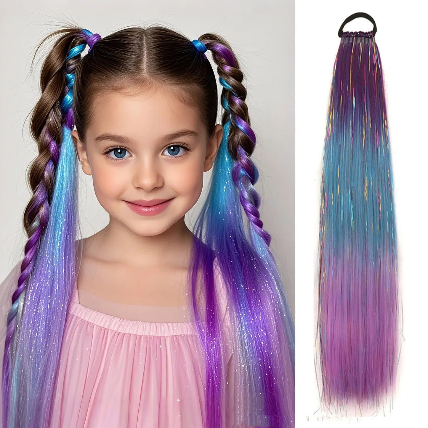 Glitter Tinsel Ponytail Hair Extension with Elastic Tie – Sparkly Braiding Hair Accessory for Kids & Girls