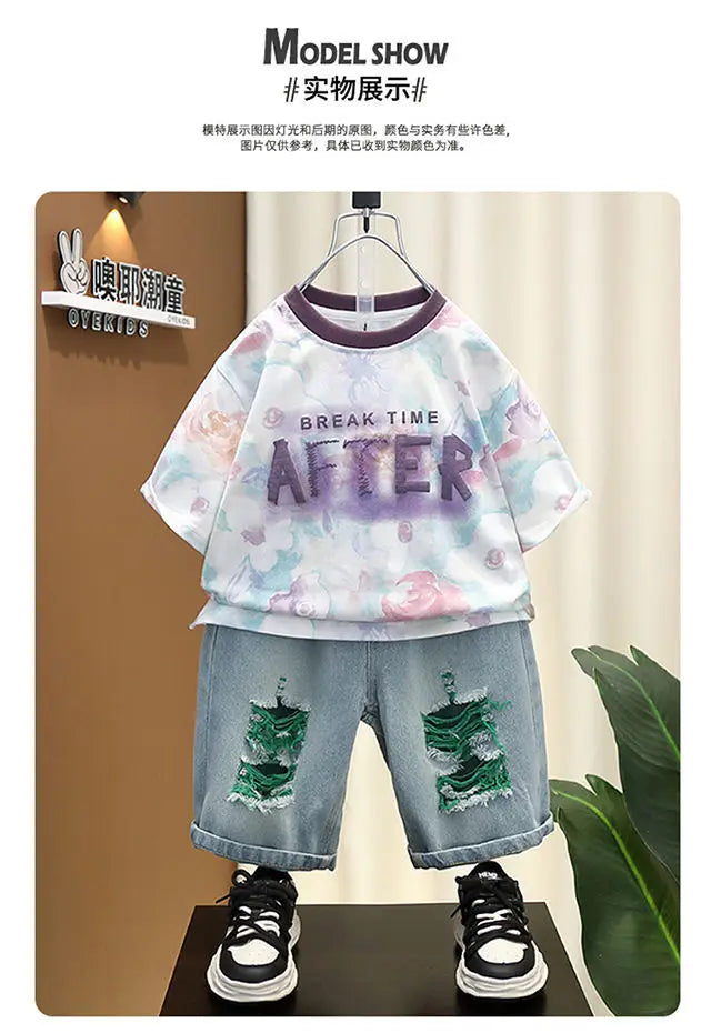 2025 Kids Clothing Boys' summer outfit set new stylish children's short sleeved letter T-shirt denim shorts 2-piece set