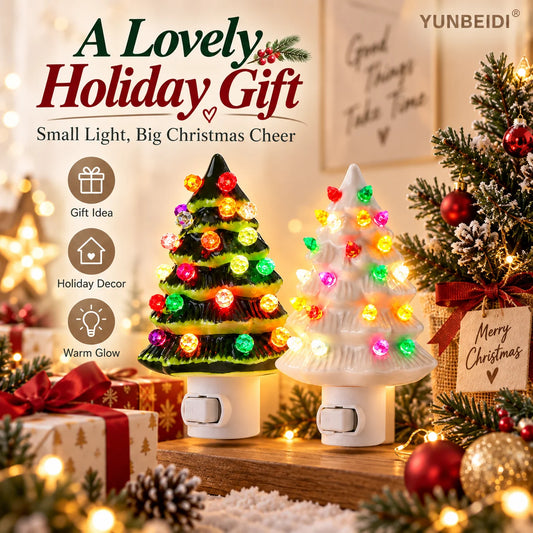 Christmas Tree Plug-In Night Light with Multicolor Decorative Lights and On/Off Switch, Green or White Resin Holiday Decor