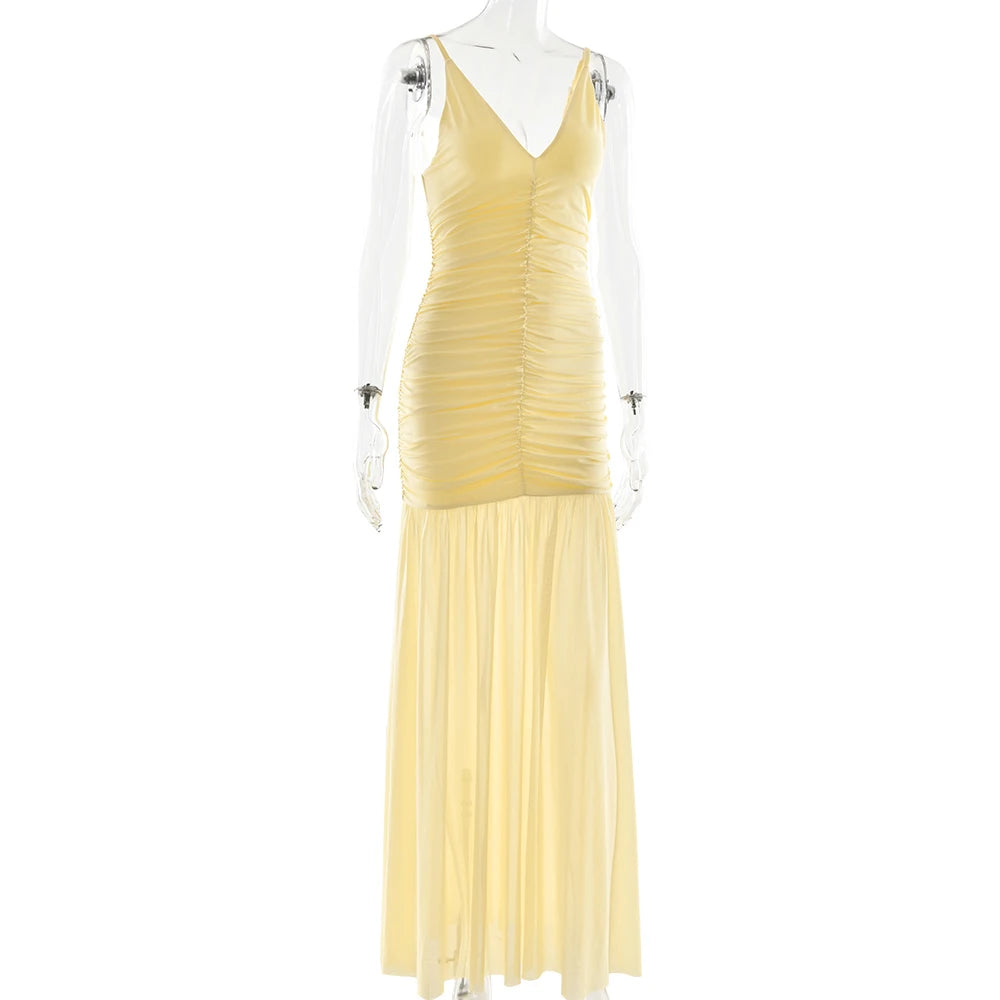 Women's Patchwork V-Neck Maxi Dress – Backless High-Waist Ruched Evening Gown