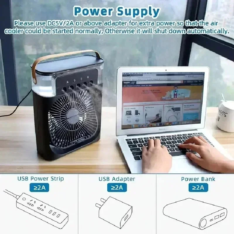 3-in-1 Mini Air Cooler Fan with Humidifier & LED Night Light – Portable USB Desktop Cooling Fan for Home & Office