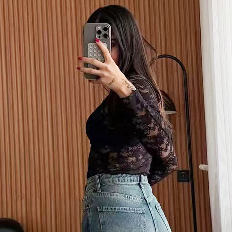 Women's Lace Bodysuit – Black Cutwork One-Piece, Long Sleeves, O-Neck, High-Stretch Fabric – Elegant Autumn Wear