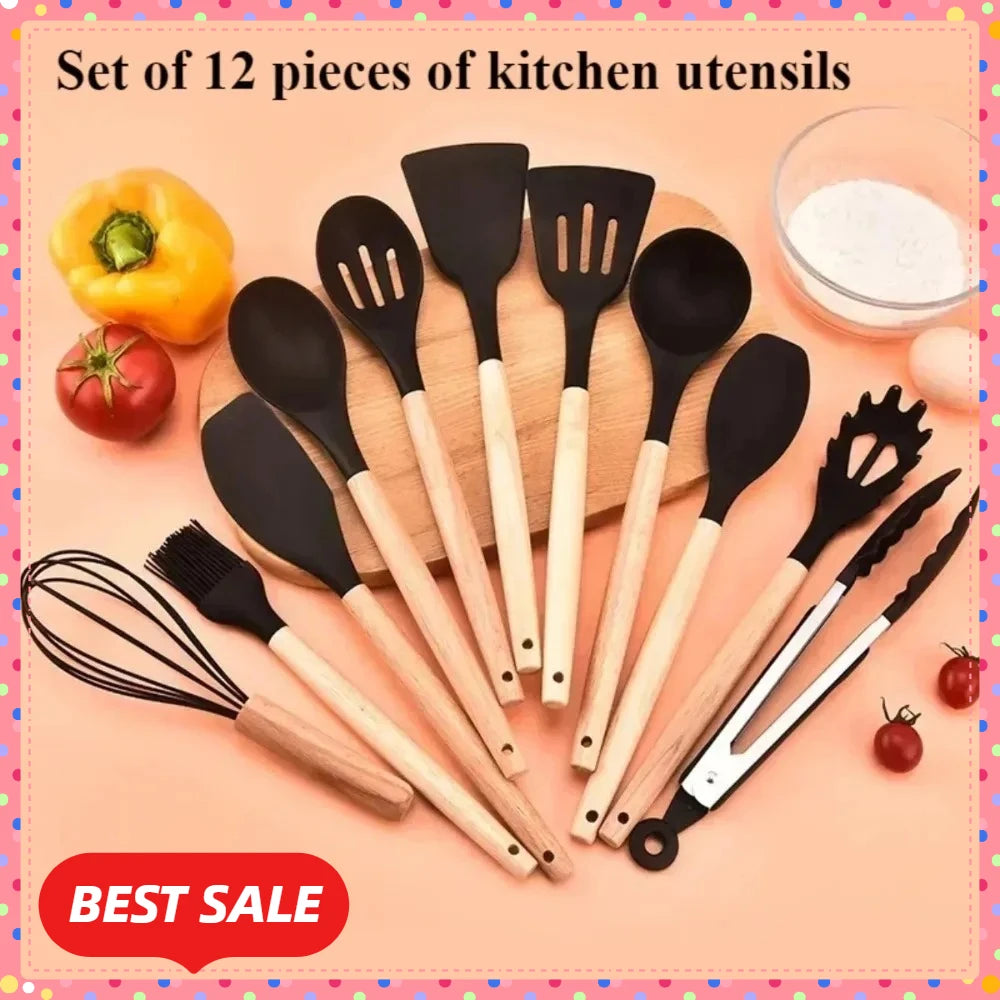 12-Piece Non-Stick Silicone Cooking Spoon Set with Wooden Handles – Heat-Resistant Kitchen Utensils with Storage Container | Ideal for Home & Professional Use