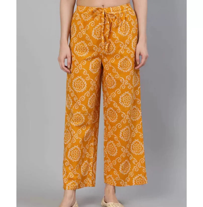Women's Yellow Printed Cotton Indian Traditional Kurta Set with Pants & Dupatta (3-Piece)
