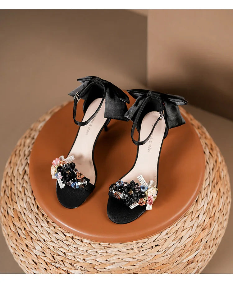Women’s Open Toe High Heel Sandals – Satin Flower Bow, Buckle Strap, Elegant Dress & Wedding Shoes