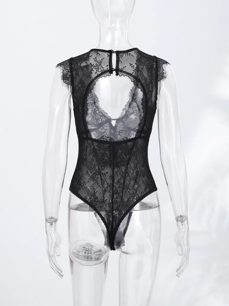Women's Lace Trim Bodysuit – Sleeveless, Deep V-Neck, Sheer Mesh