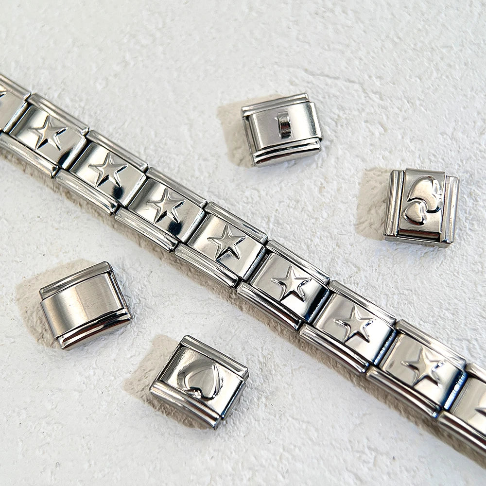1pc DIY Bracelet Kit – 18 Stainless Steel & Enamel Charms (Love, Heart, Star, Butterfly), 9mm Links, Jewelry Making Wholesale