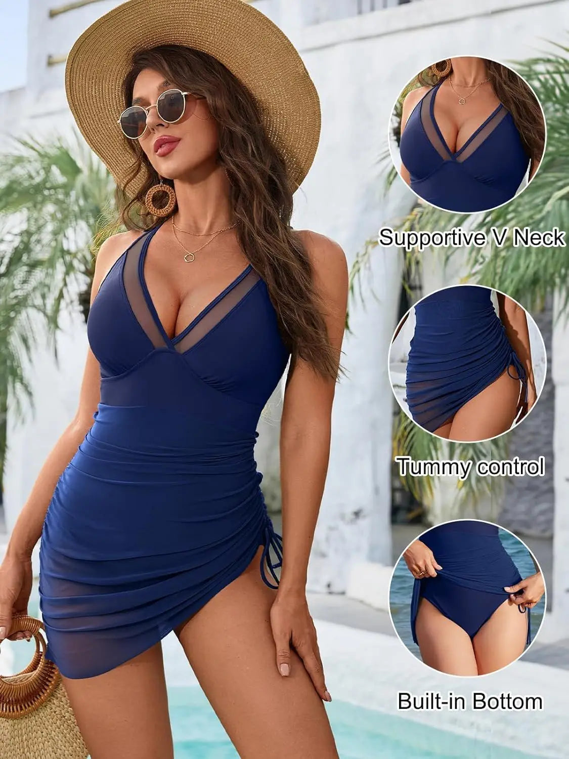 Women’s Mesh Drawstring Swimsuit – Solid Color Stylish Bathing Suit