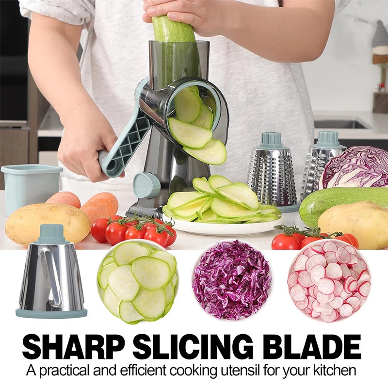 3-in-1 Rotary Cheese Grater – Manual Vegetable Slicer and Nut Grinder with Stainless Steel Blades