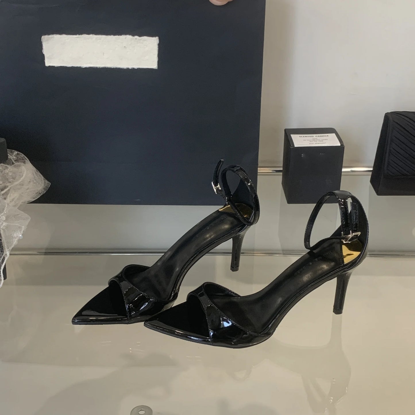 Women’s Fashion – Sexy Patent Leather High Heel Sandals with Buckle | Pointed Toe Party & Wedding Shoes