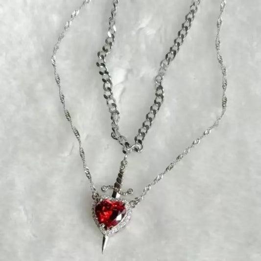 Snow White Inspired Heart & Sword Couple Necklace – Romantic Pendant Jewelry Gift for Women