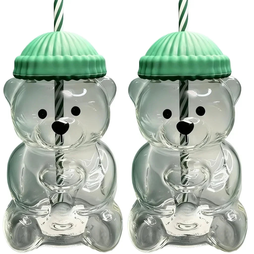 500ml Cute Bear Shaped Cup with Straw – Transparent Cartoon Coffee, Milk & Water Tumbler
