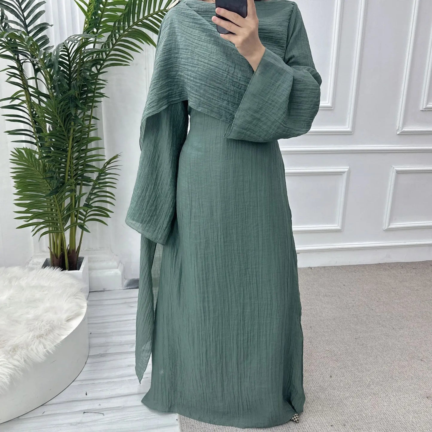 Women’s Two-Piece Modest Cardigan Set – Elegant Middle East Islamic Abaya Dress for Ramadan & Eid