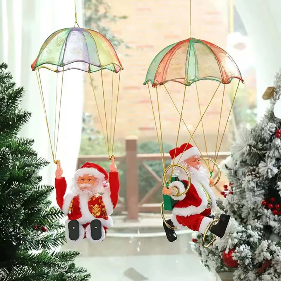 Battery-Operated Musical Santa Claus Parachute Ornament with Animated Flipping Motion, Hanging Indoor Christmas Decoration