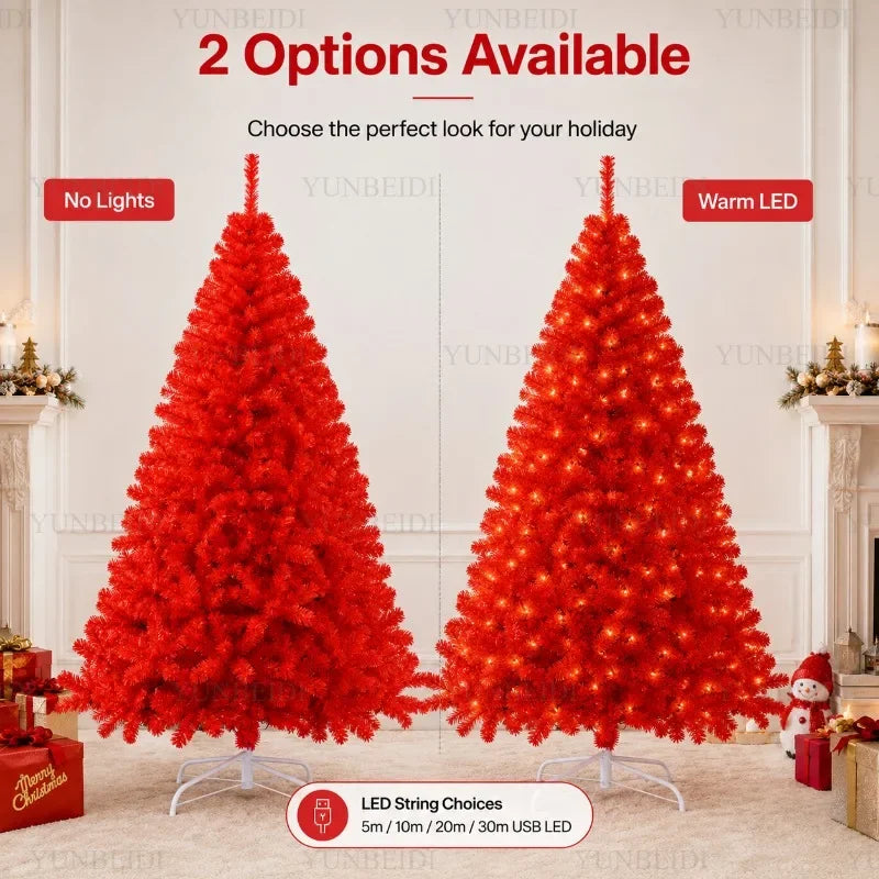 Red Artificial Christmas Tree, 120–240 cm PVC Holiday Tree with Optional Warm White USB LED Lights for Indoor Decorating