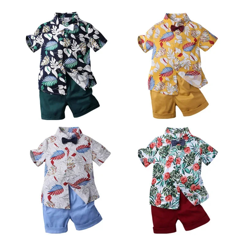 Baby Boys Floral Shirt & Shorts Set with Bowtie, Summer Gentleman Outfit for Infants and Kids