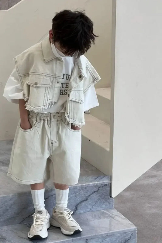 Kids Sets Boys Summer Suit Korean New Fashion Casual Denim Sleeveless Single-Breasted Vest Knee-length Shorts Two Piece Set