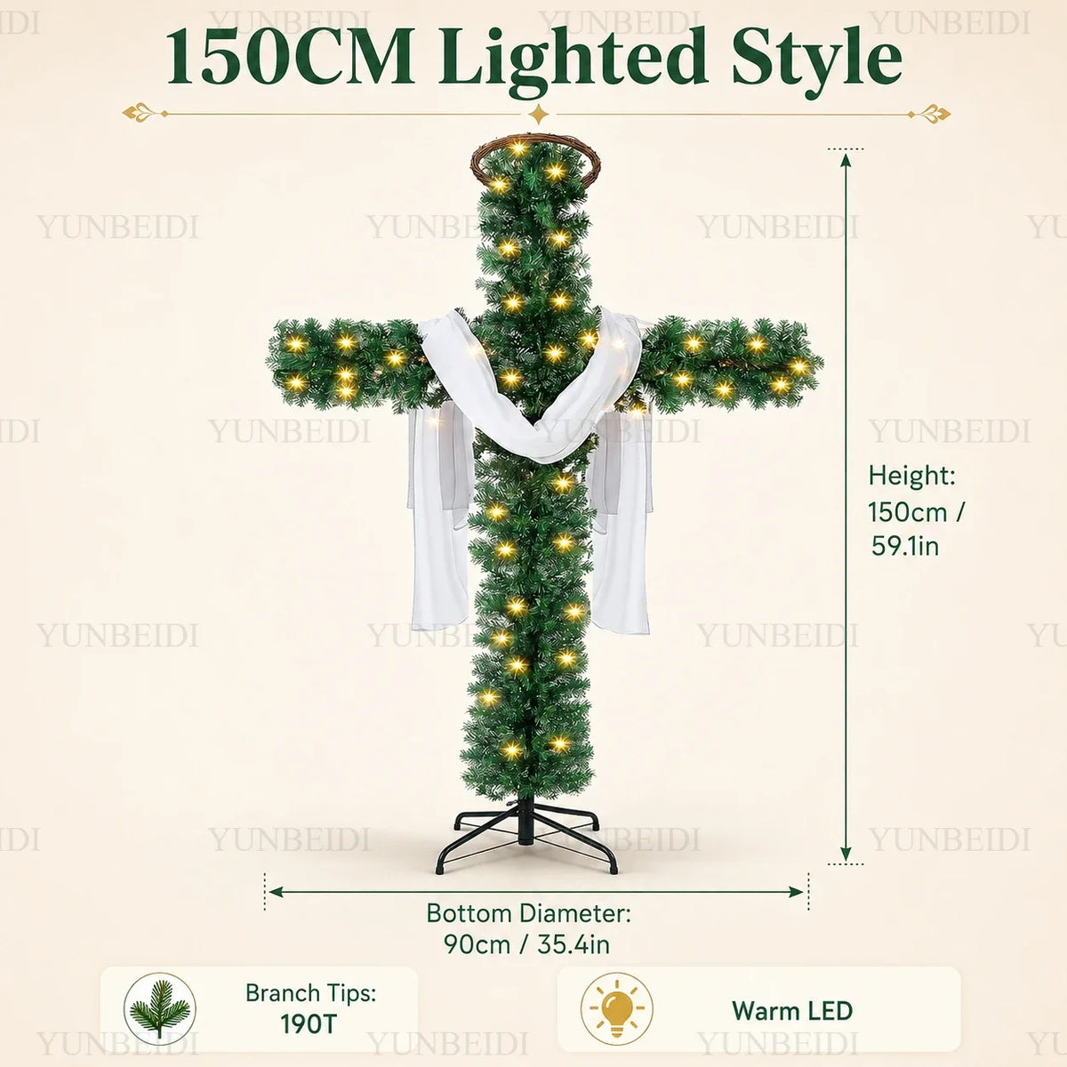 Cross-Shaped Artificial Christmas Tree with Metal Stand, 150 or 180 cm Green PVC Religious Holiday Decoration with Optional USB Lights