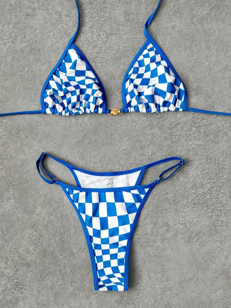 Women’s Two-Piece Bikini Swimsuit, Plaid Swimwear with Ring Detail and High-Leg Design