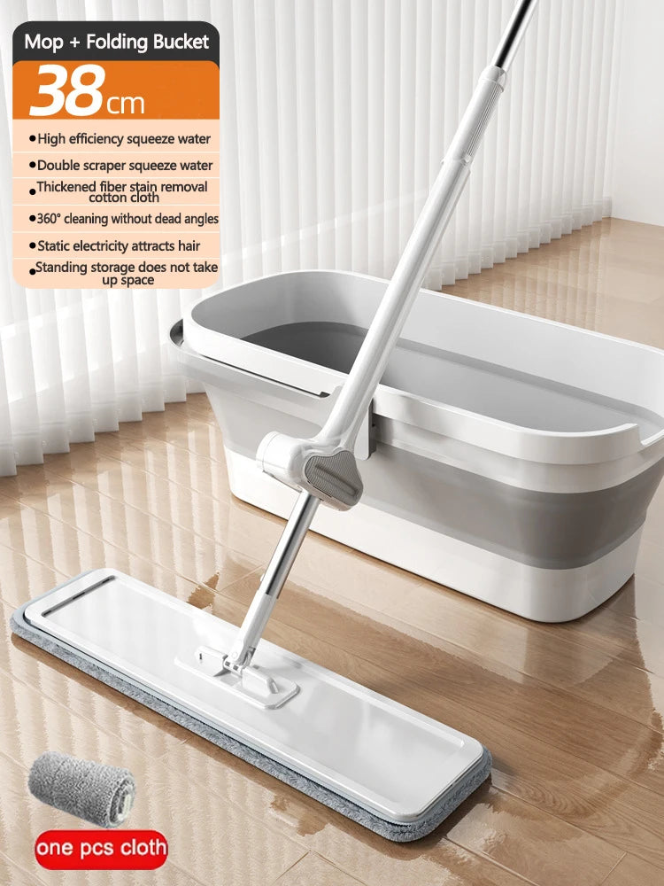 38 cm Microfibre Flat Mop and Folding Bucket Set with 360° Rotating Head