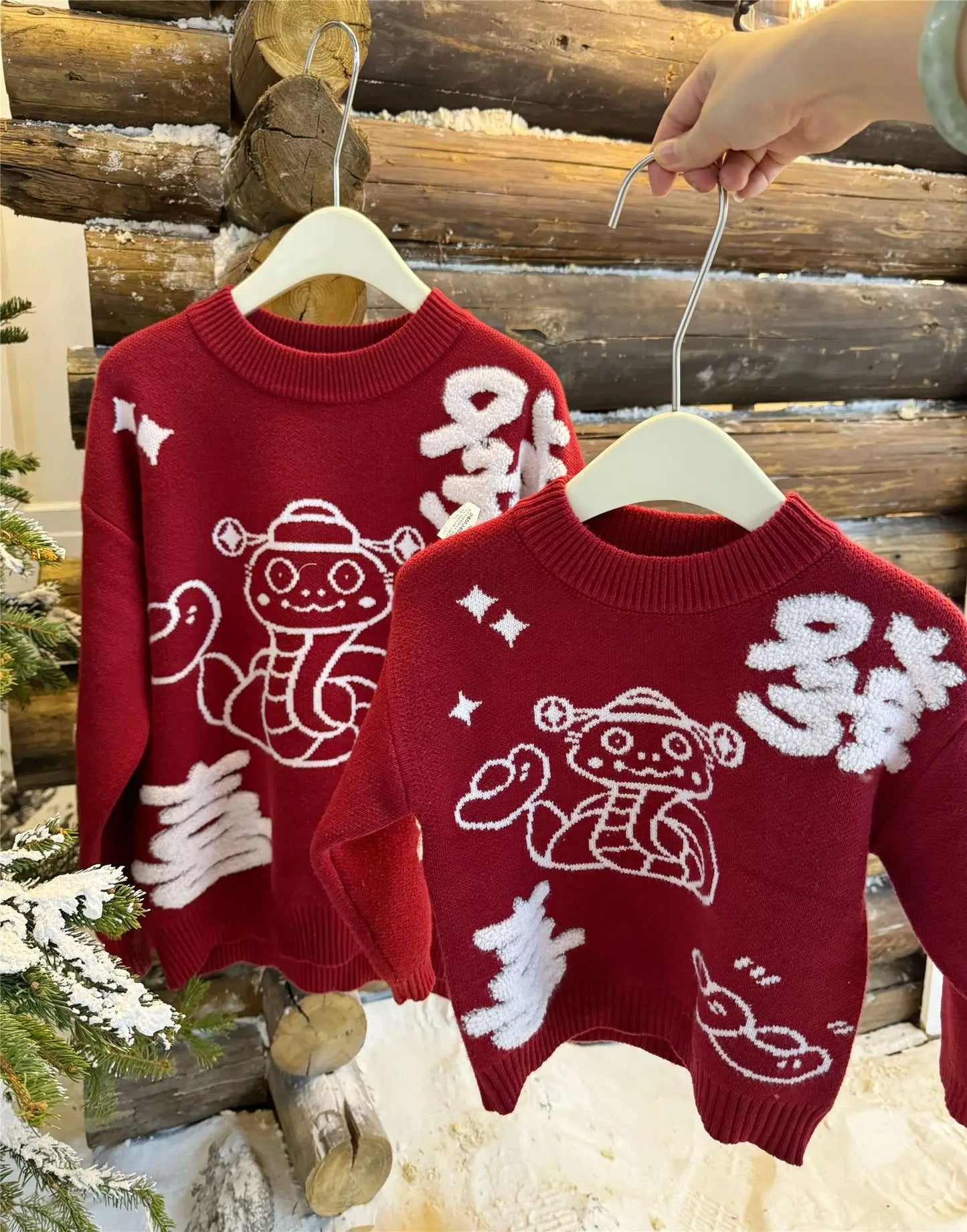 New Year Matching Family Red Chinese Sweater Father Mother and Daughter Son Snake Knit Jumper Infant Baby Knit Romper