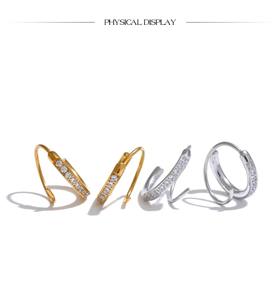 Stainless Steel Twisted Hoop Earrings with Cubic Zirconia for Women – Double-Look Design, Waterproof Fashion Jewelry